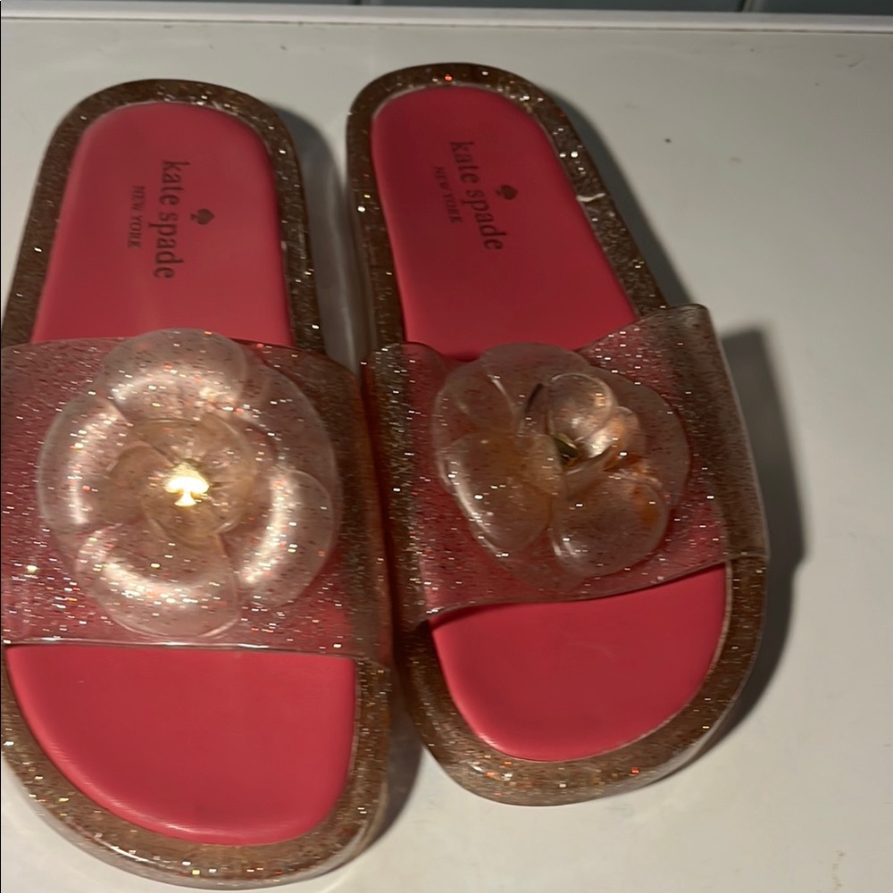 Kate Spade Pink and Gold Glitter Floral Slides
